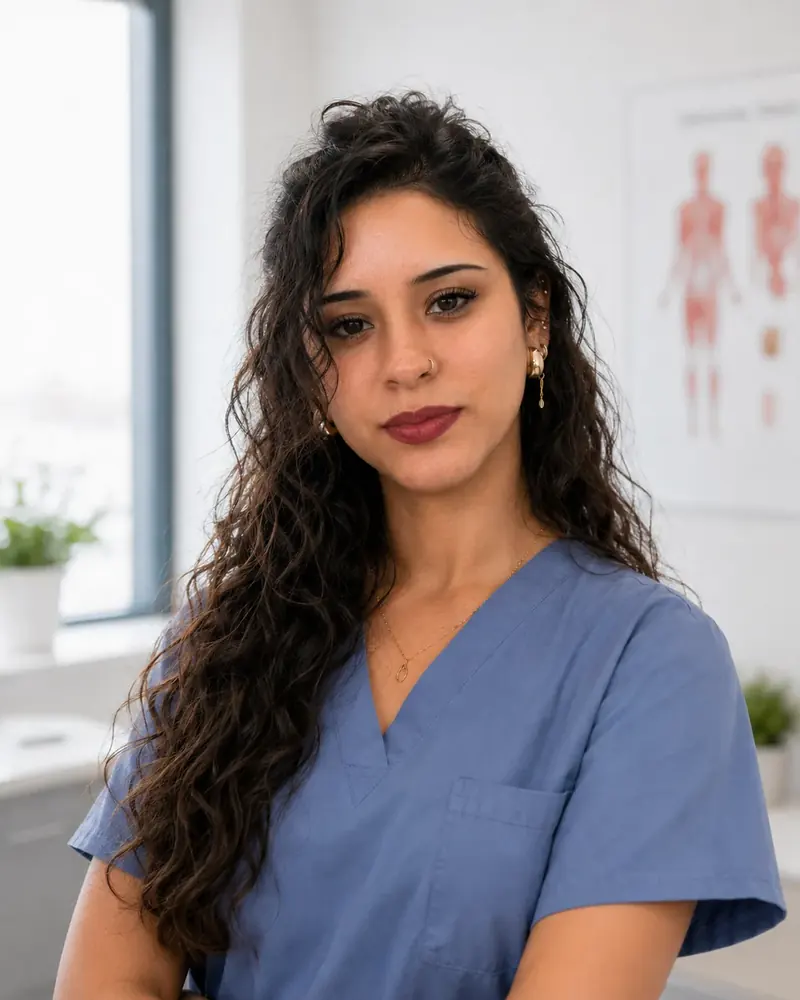 Retrato de Alexandra Trevejo con ropa de trabajo del consultorio